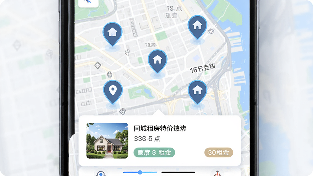 同城租房特价应用中的附近租房地图页面,手机屏幕显示城市街区地图,上面分布着多个房源标记点,底部弹出房源简要信息卡片,布局直观,风格现代科技感,细节包括定位图标、距离数值、租金标签,画质高清,干净,无多余元素