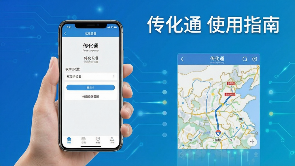 传化通移动端使用教程示意图,画面为手持手机展示APP权限设置页面与地图导航界面,背景为简约的科技蓝渐变,风格清新直观,细节清晰,画质干净,图中文字标注“传化通 使用指南”