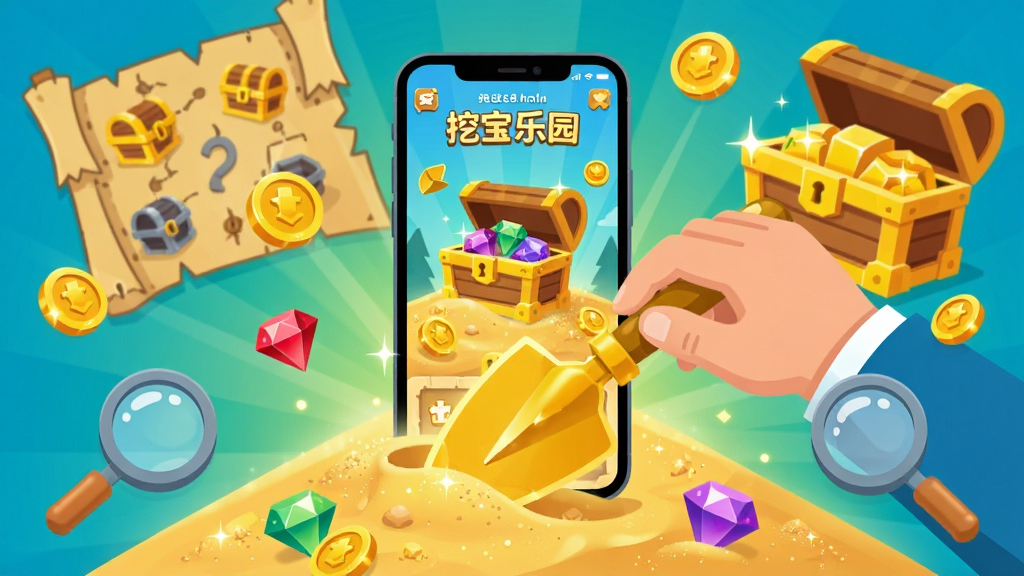一双手握着金色小铲子在发光沙地中挖掘,背景是卡通风格的藏宝图与宝箱,画面中央展示手机屏幕中运行着挖宝乐园应用界面,四周散落金币、宝石和放大镜元素,布局采用中心放射式构图,排版层次分明,风格为色彩明快的扁平插画,细节上突出沙粒质感与宝箱光泽,画质清晰干净,无多余元素