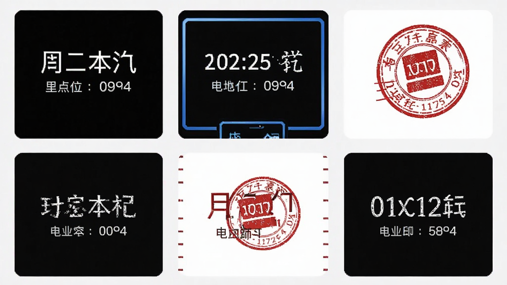 时间地点水印相机水印模板选择界面图,画面展示手机屏幕中排列着多个不同样式的水印缩略图,包括简约白字、蓝色边框、红色印章等风格,布局为网格状,风格为清新UI设计风,细节上每个模板都带有日期地点示例文字,画质清晰,画面干净,无多余元素