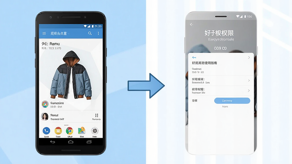 一张展示好运穿搭使用指南的示意图,画面分为左右两部分,左侧为安卓手机安装界面,右侧为应用权限设置界面,中间有箭头连接,背景为浅蓝色和白色,风格简洁清晰,画质干净,无多余元素