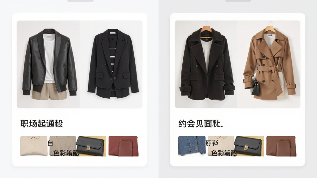 一张好运穿搭应用内场景化穿搭方案的截图风格图片,画面展示职场通勤和约会见面两个场景的搭配卡片,卡片上有衣物图片和色彩搭配说明,背景为干净的白色和浅灰色,排版整齐,风格现代简约,画质清晰,无多余元素