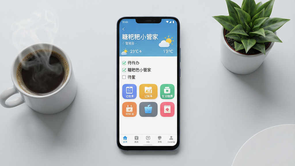 一张展示手机屏幕的写实风格图片,画面中央是一部竖屏安卓手机,手机屏幕上显示着一款名为“糖粑粑小管家”的应用主界面,界面布局清晰,顶部有问候语和天气信息,中部排列着待办清单、记账本、生活缴费等彩色功能图标,底部是导航栏。背景为干净的浅灰色桌面,旁边放着一杯冒热气的咖啡和一盆小绿植。整体风格清新现代,细节精致,画质清晰,干净无多余元素。