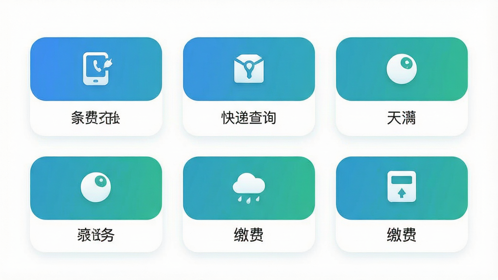 一张简洁的UI设计展示图,画面中央排列着多个圆角矩形图标按钮,分别代表话费充值、快递查询、天气、缴费等生活服务功能,图标下方配有中文标签。整体采用卡片式布局,背景为干净的白色,配色以蓝绿为主,风格清爽现代,画质细腻无噪点。