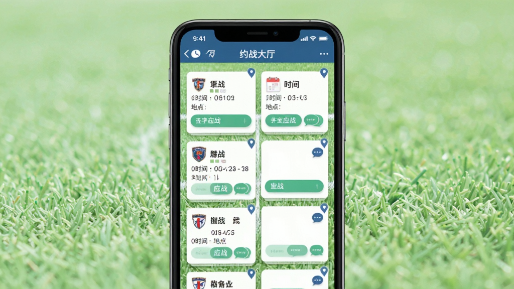 画面主体是一部手机屏幕显示约战大厅界面,界面中有多个球队约战卡片,每张卡片包含球队名称、时间、地点与应战按钮。布局采用瀑布流卡片式排版,背景为淡绿色运动场地面。风格为清新运动社交风,细节包括定位图标、日历标记、聊天气泡。画质高清,干净,无多余元素。