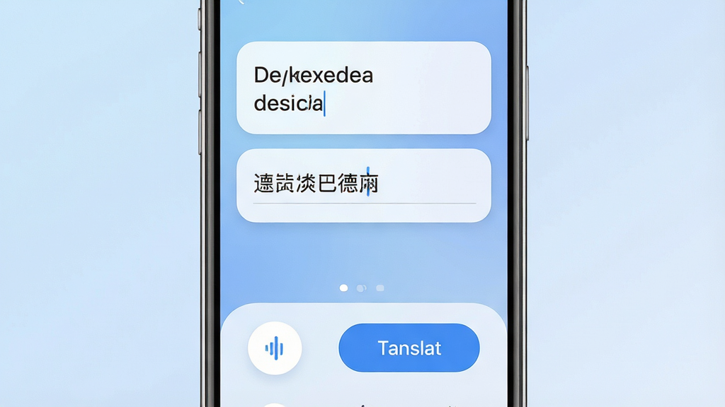 一张展示德语翻译通手机应用界面的图片,画面主体是一部竖直放置的智能手机,屏幕显示应用的主翻译界面,上方是德语与中文的输入输出区域,下方有语音按钮和翻译按钮,布局居中对称,风格为现代简约科技风,细节包括柔和的蓝色渐变背景、圆角卡片式设计、清晰的图标和文字标签,画质高清,干净,无多余元素