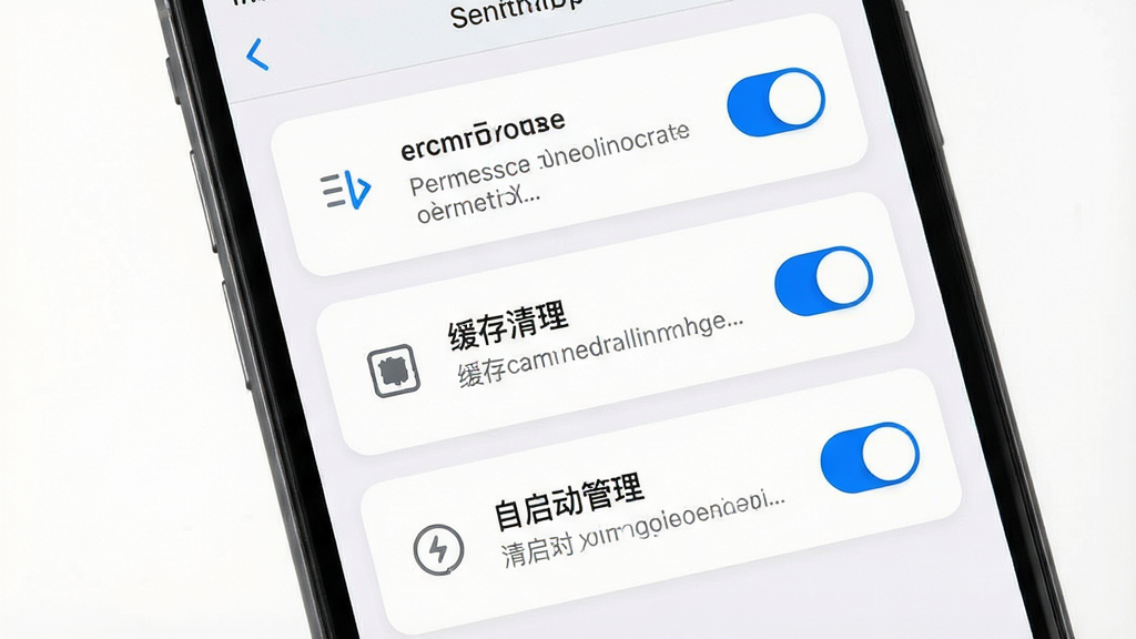 一张展示德语翻译通移动端使用技巧的图片,画面主体是一部手机屏幕显示设置界面,界面中包含权限管理、缓存清理、自启动管理等选项,布局为纵向列表,风格为清爽工具风,细节包括蓝色开关按钮、灰色说明文字、圆角设置卡片、简洁的图标,画质高清,干净,无多余元素