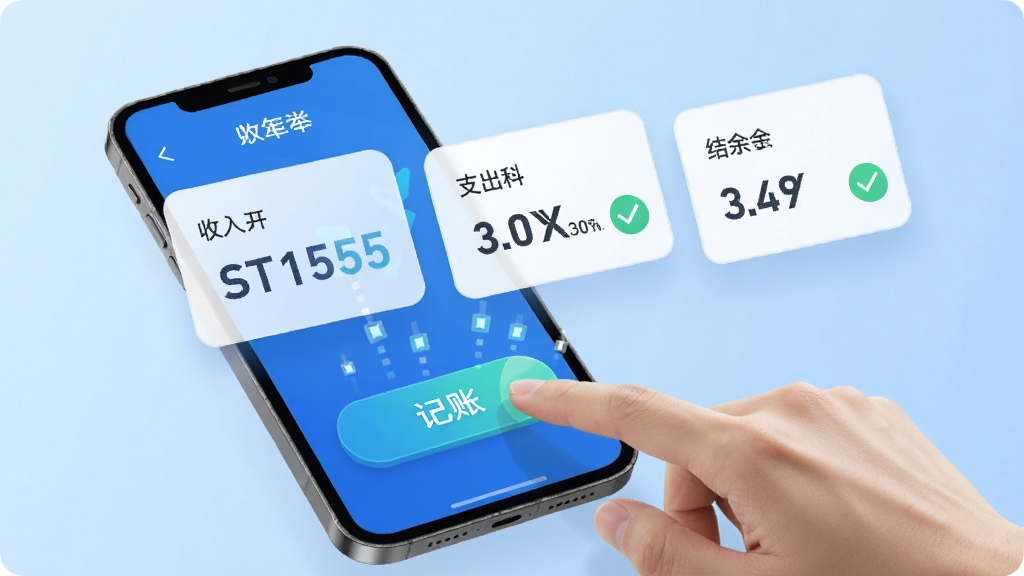 笨笨企业个人通用流水记账软件功能展示图,画面中一只手正在点击屏幕上的记账按钮,旁边浮现出收入、支出、结余三个数据卡片,背景为浅蓝色渐变,风格为清爽科技风,细节包括数字跳动效果和勾选标记,画质清晰干净,无多余元素