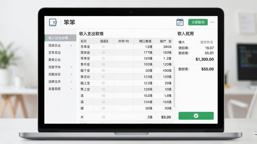 笨笨企业个人通用流水记账软件主界面展示,画面中央是一台打开的笔记本电脑,屏幕上显示清晰的中文流水账表格界面,左侧有收入支出分类菜单,右侧是数字汇总面板,整体布局简洁整齐,风格为现代扁平化商务风,细节包括账本图标、日历标记和绿色确认按钮,画质清晰干净,无多余元素
