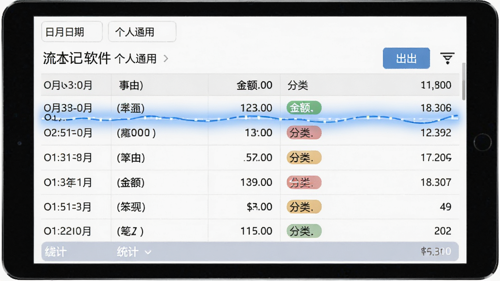 笨笨企业个人通用流水记账软件账目明细界面,画面展示一个平板电脑屏幕,屏幕上排列着多行流水记录,每行包含日期、事由、金额和分类标签,右侧有导出按钮和筛选图标,整体布局为上下结构,风格为简约办公风,细节包括高亮选中的行和底部统计条,画质清晰干净,无多余元素