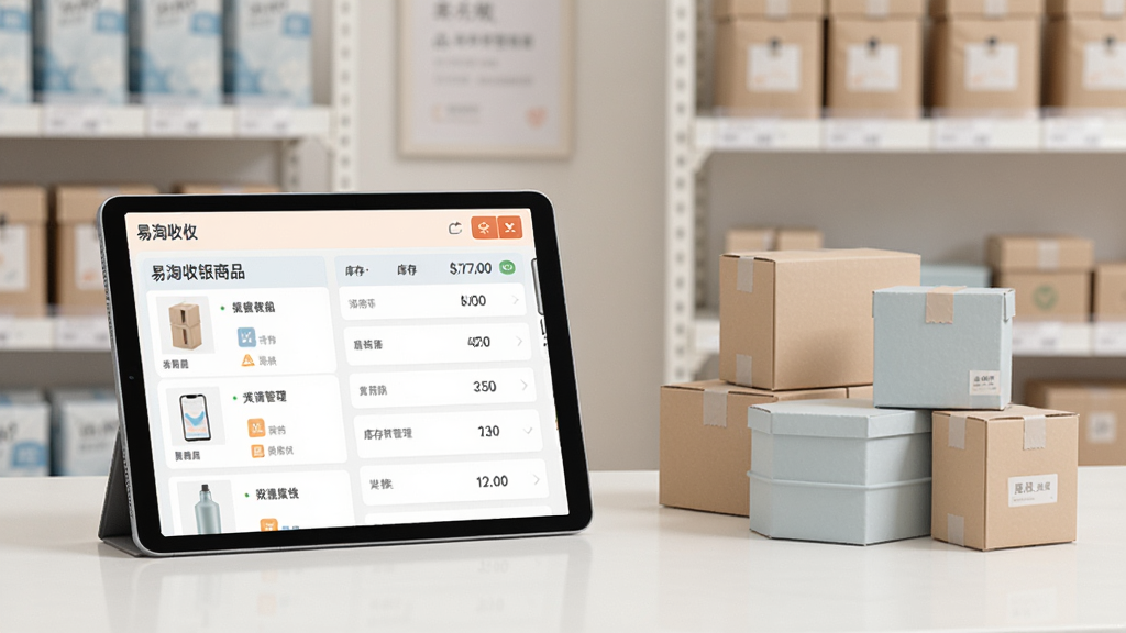 一张展示易淘收银商品与库存管理功能的图片,画面中平板电脑屏幕上显示商品列表与库存数量,旁边有货架和商品包装盒,风格简洁实用,色调柔和,画面干净无杂物,高清画质