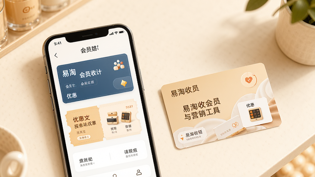 一张展示易淘收银会员与营销工具的图片,画面中手机屏幕上显示会员卡与优惠券界面,旁边有会员卡实体卡片,风格清新现代,色调温暖,画面干净整洁,高清画质