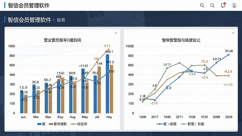 一幅展示智信会员管理软件经营报表界面的图片,画面中有柱状图和折线图展示营业数据,界面风格商务简洁,数据标注清晰,画质干净,无多余元素