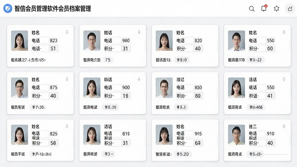 一幅展示智信会员管理软件会员档案管理界面的图片,画面中多个会员信息卡片整齐排列,包含姓名、电话、积分等字段,界面风格清爽,布局规整,画质干净,无多余元素