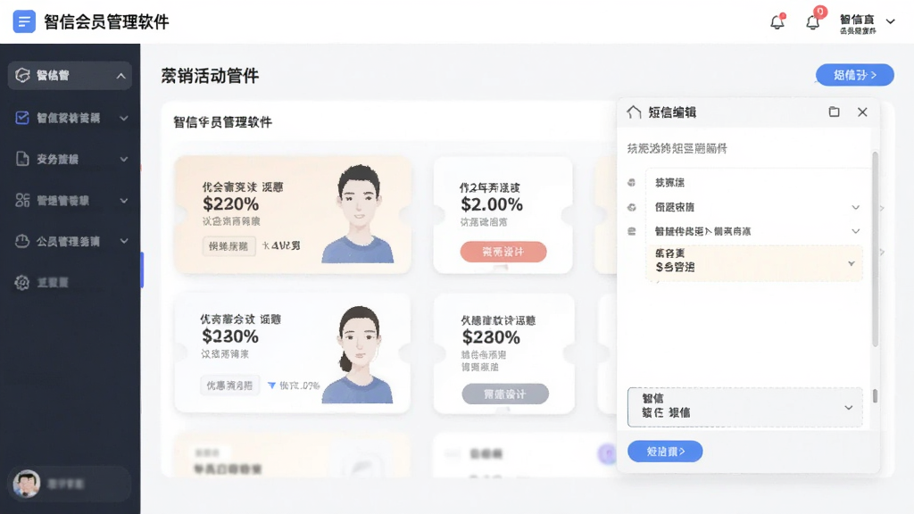 一幅展示智信会员管理软件营销活动管理界面的图片,画面中有优惠券模板和短信编辑窗口,界面布局清晰,风格现代,画质干净,无多余元素