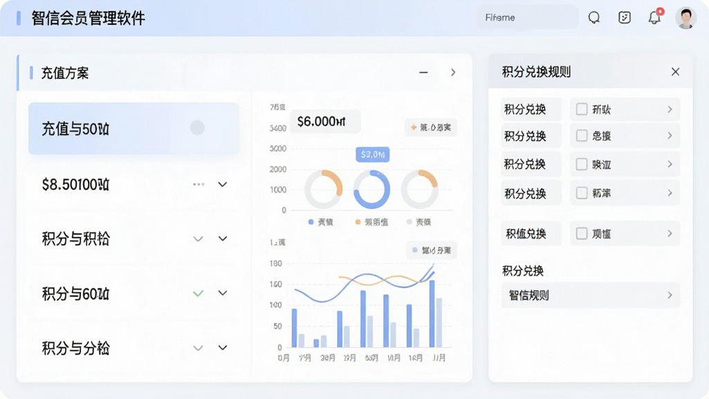 一幅展示智信会员管理软件储值与积分设置界面的图片,画面中可见充值方案列表和积分兑换规则面板,界面配色柔和,数据图表清晰,风格专业,画质干净,无多余元素