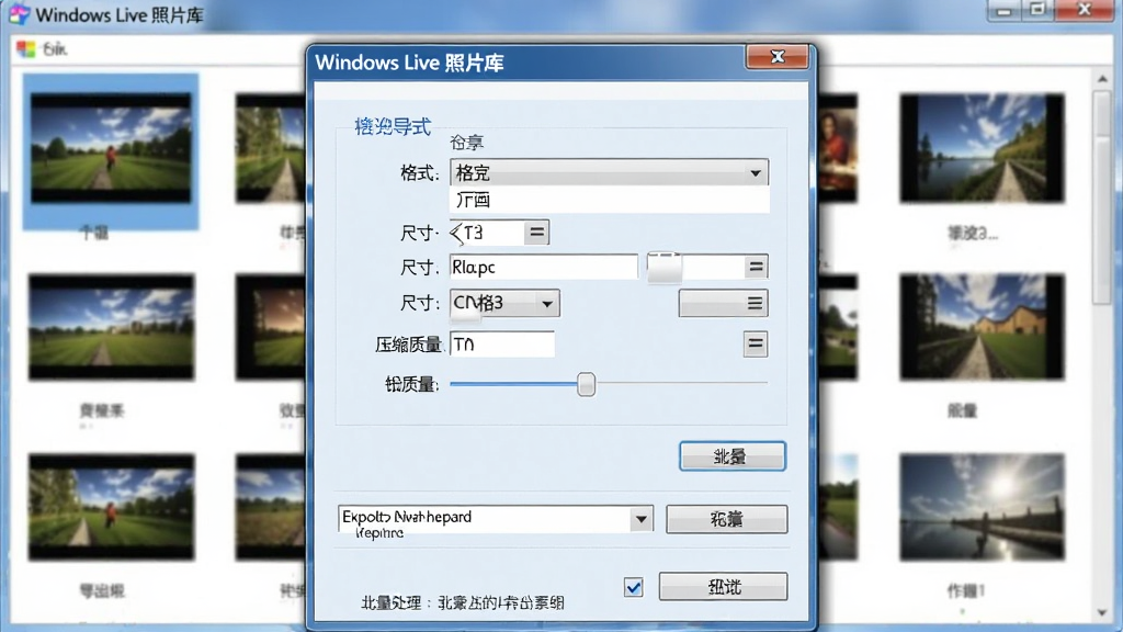 Windows Live 照片库分享与导出界面,显示导出选项面板包含格式选择、尺寸调整、压缩质量滑块,背景为照片缩略图网格,整体风格为Windows经典浅色主题,细节包含导出路径选择按钮和批量处理勾选框,画质清晰,布局工整,无多余元素,软件名称“Windows Live 照片库”出现在导出对话框标题处