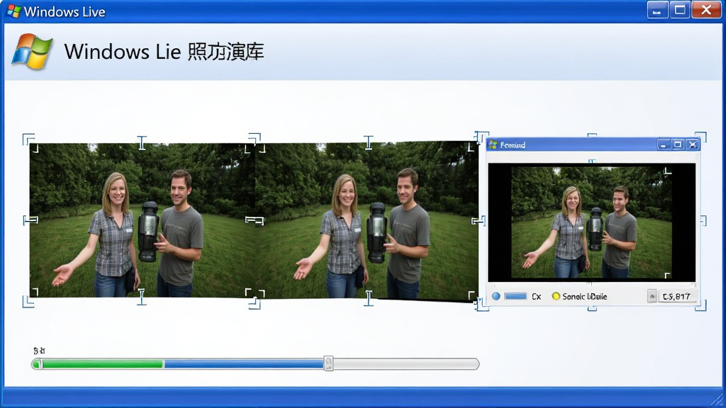 Windows Live 照片库全景图合成功能演示,界面中显示三张连续拍摄的横向照片被自动拼接为一张宽幅全景图,合成进度条和预览窗口清晰可见,整体风格为Windows经典界面,配色以浅蓝和白色为主,细节包含照片边缘对齐标记和合成质量指示,画质清晰,干净整洁,无多余元素,软件名称“Windows Live 照片库”出现在功能面板顶部
