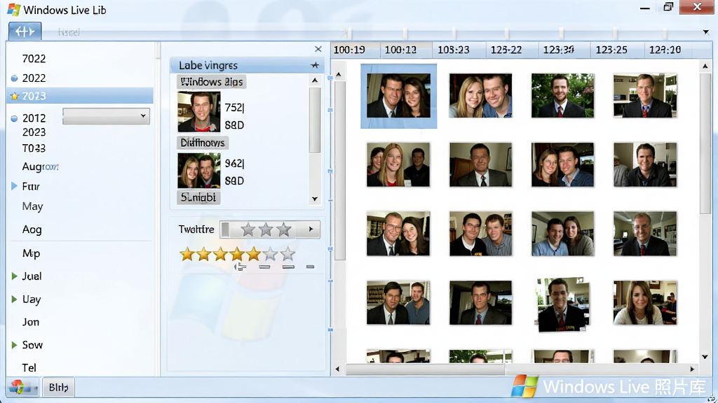 Windows Live 照片库软件界面中展示照片按日期自动分组的时间轴视图,左侧显示年份和月份导航,右侧为对应时间段的照片缩略图,界面中可见人物标签面板和星级评分控件,整体风格为经典Windows浅色主题,画面干净,布局清晰,软件名称“Windows Live 照片库”以水印形式出现在右下角,画质细腻,无多余元素