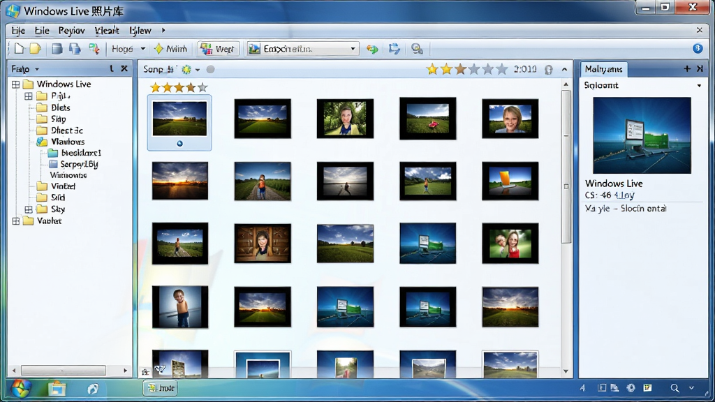 Windows Live 照片库软件主界面全景展示,中央区域为照片缩略图网格布局,左侧为文件夹导航树,顶部为菜单工具栏,右侧为照片信息面板,整体风格为经典Windows Aero半透明玻璃质感,界面配色以浅蓝和白色为主,细节包含照片缩略图、评分星级、时间轴分组标签,画质清晰,干净整洁,无多余元素,软件名称“Windows Live 照片库”以标题形式出现在窗口顶部