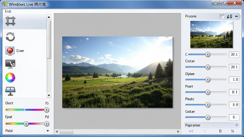 Windows Live 照片库照片编辑界面特写,左侧为编辑工具列表包含裁剪、旋转、红眼修复、曝光、色彩调整等图标,中央为照片预览区域显示一张正在调整亮度的风景照,右侧为参数滑块面板,整体风格为Windows经典浅灰界面,细节包含实时预览效果和数值显示,画质清晰,干净无多余元素,软件名称“Windows Live 照片库”出现在窗口标题栏