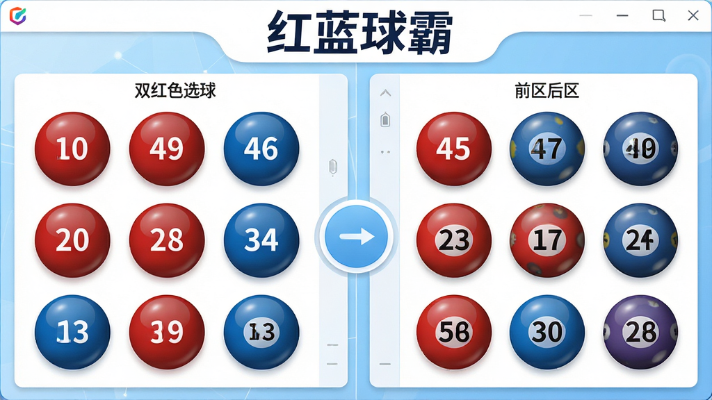 红蓝球霸双色球与大乐透模式切换界面,画面分为左右两个区域,左侧展示双色球红蓝球选号面板,右侧展示大乐透前区后区选号面板,中间有切换按钮,软件名称