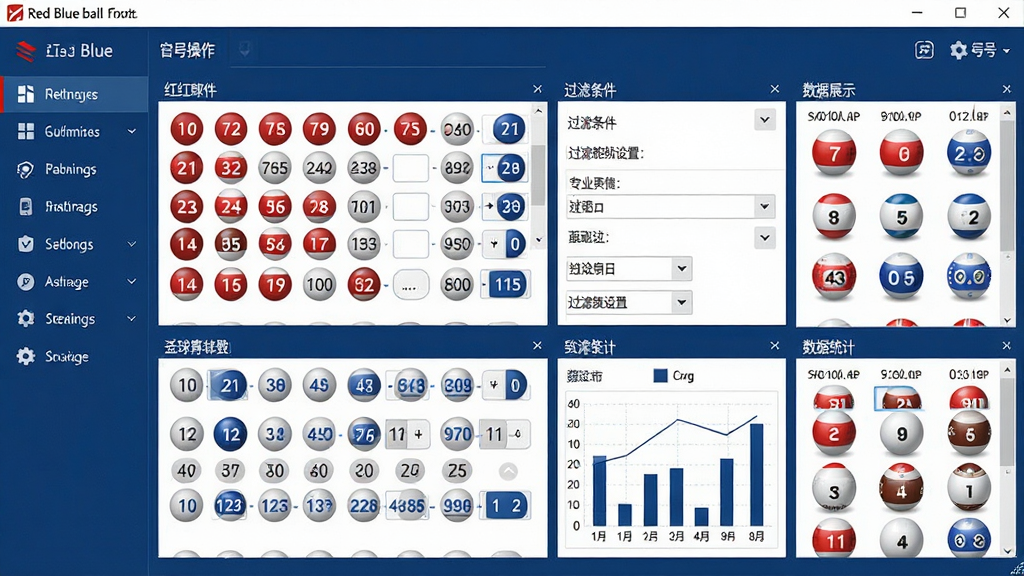 红蓝球霸软件主界面全景展示,画面中央是软件操作主窗口,窗口内包含红球与蓝球的号码选择区域、过滤条件设置面板、数据统计图表等核心模块,界面采用深蓝色与白色为主色调,布局清晰整洁,左侧为功能导航栏,右侧为号码展示区,整体风格为专业工具软件风格,细节包括按钮图标、数字球体、下拉菜单等元素,画质高清,干净利落,无多余装饰元素