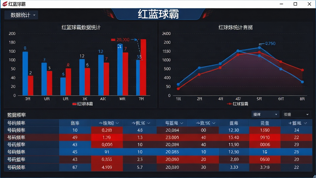 红蓝球霸数据统计与走势图表界面,画面展示软件中的数据统计模块,包含柱状图、折线图、号码频率表格等可视化元素,图表以蓝色和红色为主色调区分红球蓝球数据,软件名称
