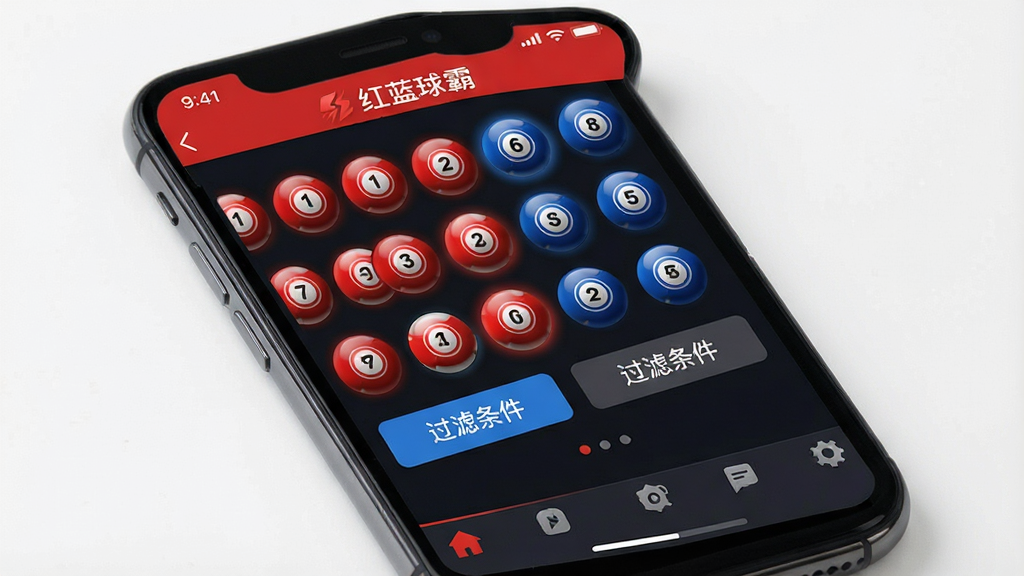 红蓝球霸手机端界面展示,画面为一部智能手机屏幕特写,屏幕上显示红蓝球霸手机版应用界面,包含红球蓝球选择区、过滤条件按钮、底部导航栏等移动端适配元素,界面以深色背景搭配红蓝球体高亮显示,软件名称