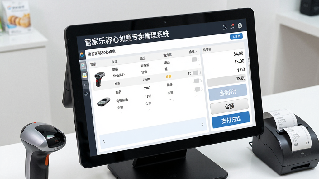 一张展示管家乐称心如意专卖管理系统收银界面的特写图,画面主体是电脑屏幕上的收银操作页面,显示商品明细、金额合计和支付方式选择按钮。屏幕旁边放置扫码枪和小票打印机,背景是简洁的收银台桌面。布局采用近景特写构图,风格为现代商业摄影,细节包括界面上的“管家乐称心如意专卖管理系统”标识清晰,画质高清、干净、无多余元素