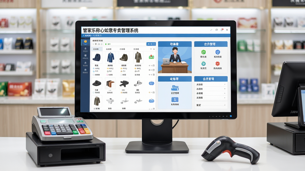 一张展示管家乐称心如意专卖管理系统主界面的场景图,画面中央是电脑屏幕,屏幕上显示软件的操作界面,包含商品列表、收银台、会员管理等功能模块。屏幕前方放置一台收银机和扫码枪,背景是整洁的专卖店柜台环境。整体布局采用居中构图,风格为写实商业摄影,细节包括界面上的“管家乐称心如意专卖管理系统”字样清晰可见,画质高清、干净、无多余元素