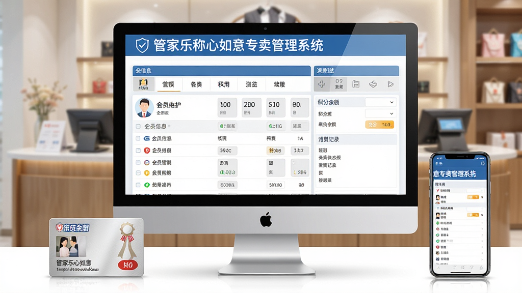 一张展示管家乐称心如意专卖管理系统会员管理模块的示意图,画面中央是电脑屏幕,屏幕上显示会员信息列表、积分余额和消费记录。屏幕旁边有一张会员卡和一部手机,背景是专卖店的服务台。布局采用居中构图,风格为写实商业插画,细节包括界面上的“管家乐称心如意专卖管理系统”文字清晰可见,画质高清、干净、无多余元素