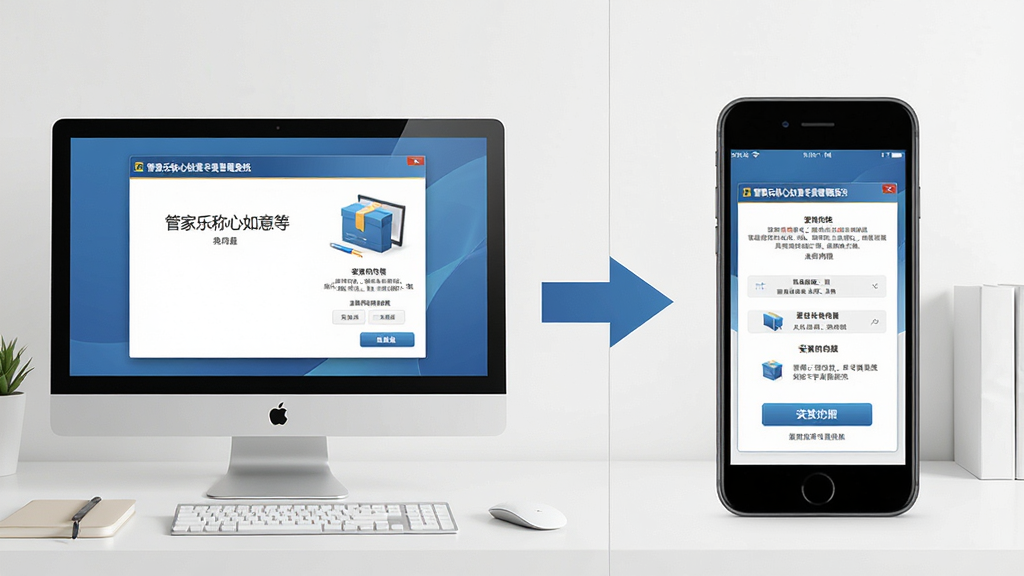 一张展示管家乐称心如意专卖管理系统安装教程的示意图,画面分为左右两部分,左侧是电脑屏幕显示安装向导界面,右侧是手机屏幕显示移动端安装步骤。中间用箭头连接。背景是简洁的桌面环境。布局采用左右分栏构图,风格为教程图解风,细节包括两个屏幕上均显示“管家乐称心如意专卖管理系统”安装界面,画质高清、干净、无多余元素