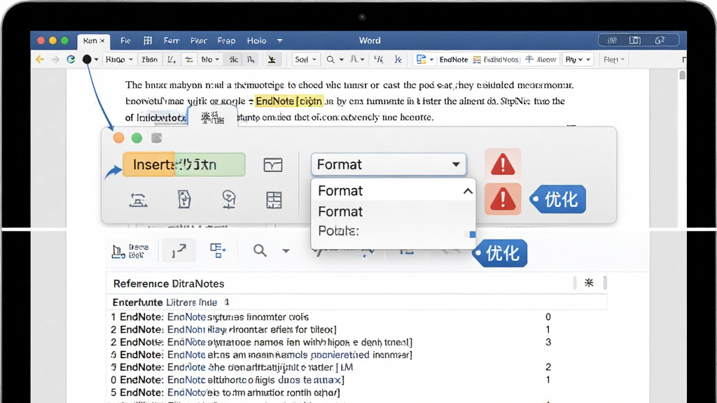 EndNote 使用技巧示意图,主体为电脑屏幕中 Word 文档与 EndNote 插件工具栏特写,布局为上下结构,上方为文档正文、下方为参考文献列表,排版紧凑,风格为简洁教学风,细节包含高亮的插入引文按钮、格式下拉菜单、红色警示图标、蓝色优化标签,画质高清,画面干净,无多余元素