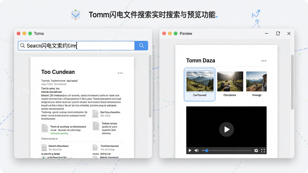 一张展示Tomm闪电文件搜索实时搜索与预览功能的图片,主体为软件界面左侧搜索框正在输入文字,右侧同步显示文件预览窗口,布局为左右分栏,排版合理,风格为现代简约风,细节包括文档预览内容、图片缩略图、视频播放按钮,画质高清,干净,无多余元素。