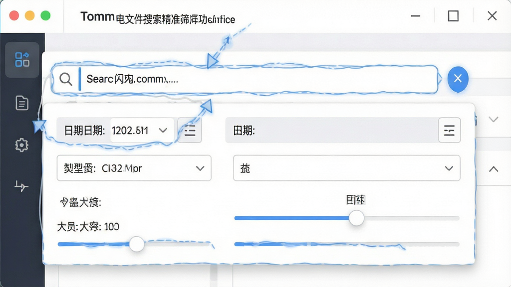 一张展示Tomm闪电文件搜索精准筛选功能的图片,主体为软件界面中的筛选面板,布局为搜索框下方展开的多条件筛选选项,排版整齐,风格为清爽商务风,细节包括日期选择器、类型下拉菜单、大小滑块,画质高清,干净,无多余元素。