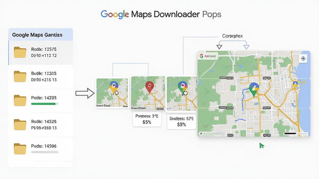 一幅表现 Google Maps Downloader 批量下载功能的示意图,主体是多个地图缩略图排列成队列,布局为左侧显示待下载区域列表,右侧展示自动拼接完成的地图预览,排版采用信息图表风格,风格为扁平化设计,细节包括文件夹图标、进度百分比、经纬度坐标标签,画质为高清,干净利落,无多余元素。