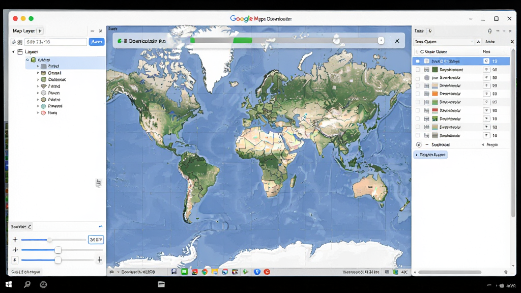 一张展示 Google Maps Downloader 软件界面的全景图,主体是电脑屏幕上显示的世界地图网格与下载进度条,布局为软件主窗口居中央,左侧是地图图层选择面板,右侧是任务队列列表,排版采用现代软件截图风格,风格为写实科技感,细节包括地图瓦片拼接的纹理、坐标输入框、缩放级别滑块,画质为高清 4K,干净整洁,无多余元素。