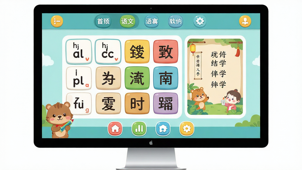 儿童语文学习软件主界面全景展示,主体为一块明亮的电脑屏幕,屏幕中央呈现卡通风格的语文学习界面,包含拼音字母卡片、彩色汉字方块与古诗插画区域,布局上方为导航栏、中间为学习内容区、下方为功能按钮,排版整齐清晰,风格为儿童教育类扁平化卡通风格,细节包含圆润的图标、柔和的蓝绿色调、可爱的动物角色点缀,画质高清干净无多余元素