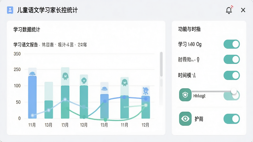 儿童语文学习软件家长管控界面,主体为学习报告图表与时长设置面板,布局左侧为数据统计、右侧为功能开关,排版清晰规整,风格为简约商务浅色风格,细节包含柱状图、时间滑块、护眼模式图标,画质高清干净无多余元素