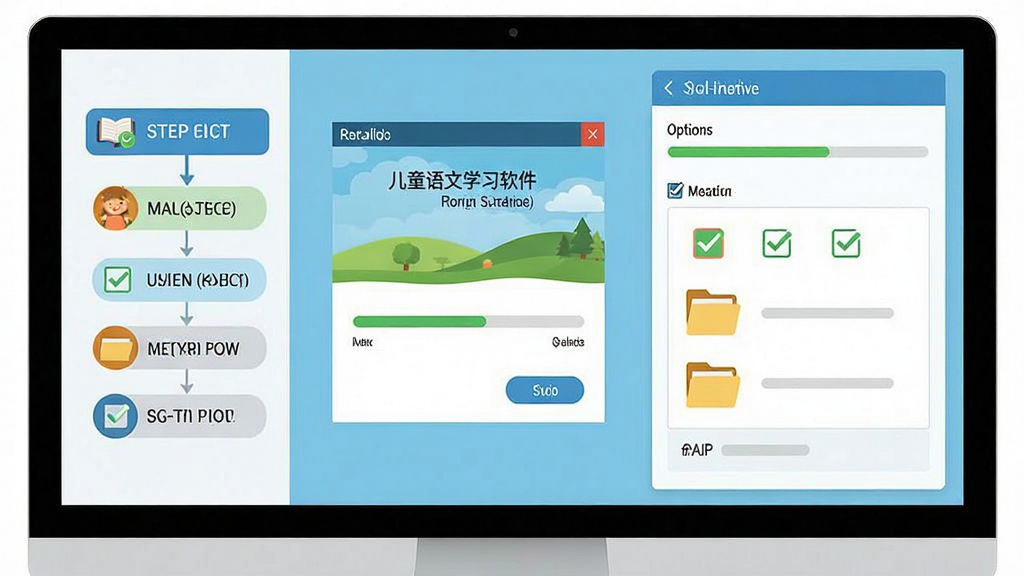 儿童语文学习软件安装与设置操作示意图,主体为电脑屏幕上的安装向导与设置面板,布局左侧为步骤指引、右侧为参数选项,排版简洁直观,风格为扁平化科技风格,细节包含进度条、勾选框、文件夹图标,画质高清干净无多余元素