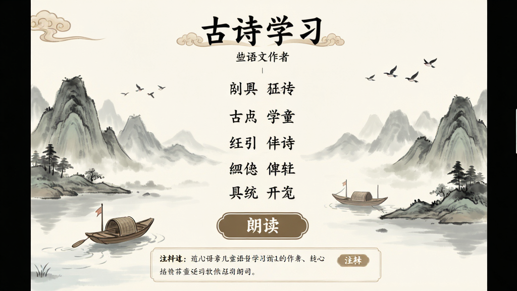 儿童语文学习软件古诗学习页面,主体为古诗文字与意境插画,布局上方为诗题与作者、中间为诗句逐行展示、下方为朗读按钮与注释区域,排版古风雅致,风格为中式水墨卡通风格,细节包含远山、小舟、飞鸟等元素,画质高清干净无多余元素