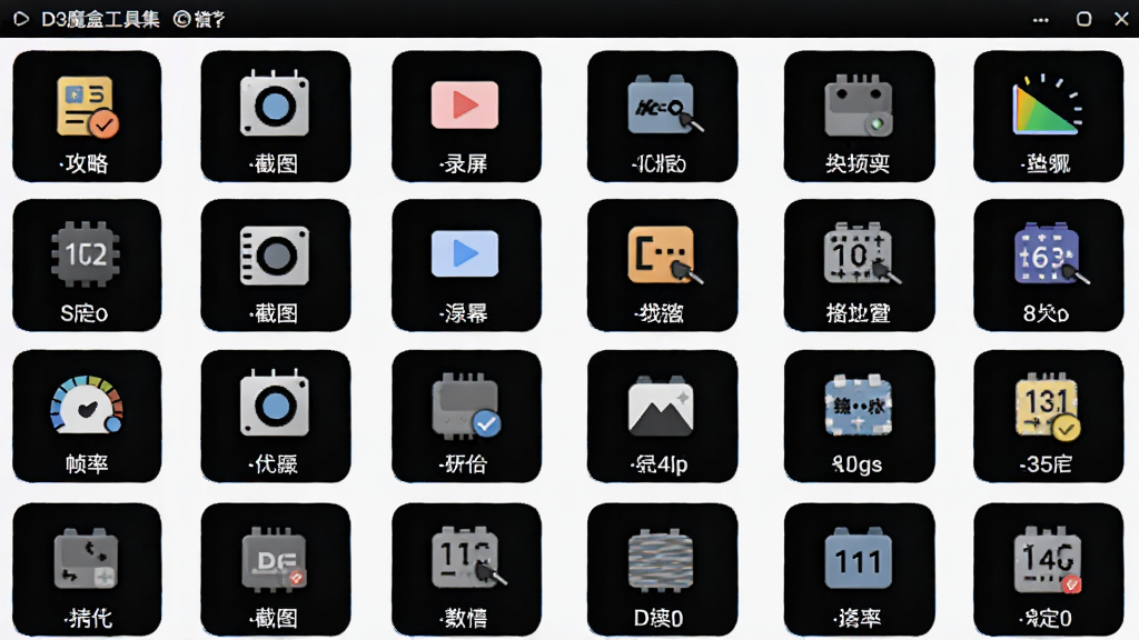 一张展示D3魔盒工具集面板的图片,画面中排列着多个功能小图标,包括攻略、截图、录屏、帧率等,每个图标下方有文字标注,界面布局紧凑有序,风格统一,画质高清,干净,无多余元素