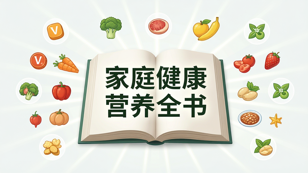 画面中央一本打开的书本,书页上浮现「家庭健康营养全书」字样,周围环绕各类食材和营养元素图标,布局为居中放射状,排版简洁,风格清新科普,细节包括维生素符号、膳食纤维图标,画质高清,干净,无多余元素