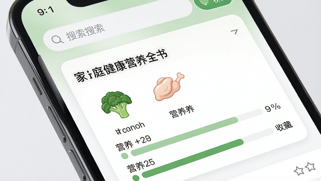手机屏幕特写,显示「家庭健康营养全书」的食材营养速查结果卡片,卡片上有西兰花、鸡胸肉等食材图标和营养数据条,布局为手机界面,排版清晰,风格现代简约,细节包括搜索框和收藏按钮,画质高清,干净,无多余元素