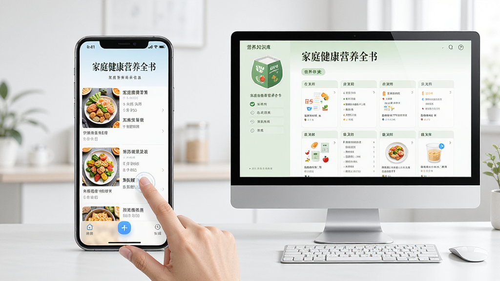 手机和电脑并排展示「家庭健康营养全书」的使用场景,手机上显示食谱列表,电脑上显示营养知识库,布局为左右对比,排版清晰,风格科技实用,细节包括操作手势和界面元素,画质高清,干净,无多余元素