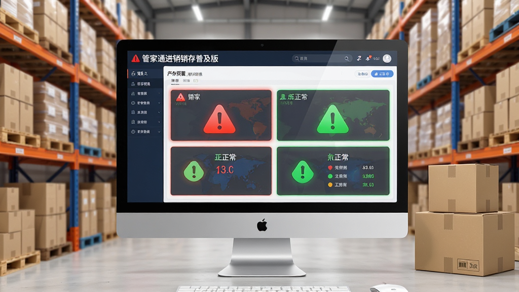 库存预警功能展示图,画面主体为电脑屏幕上显示“管家通进销存普及版”的库存预警界面,红色警示图标与绿色正常图标对比鲜明,屏幕旁边有仓库货架和商品纸箱,布局为居中展示,排版清晰,风格为科技商务风,细节上屏幕有数据高亮效果,画质高清,干净,无多余元素