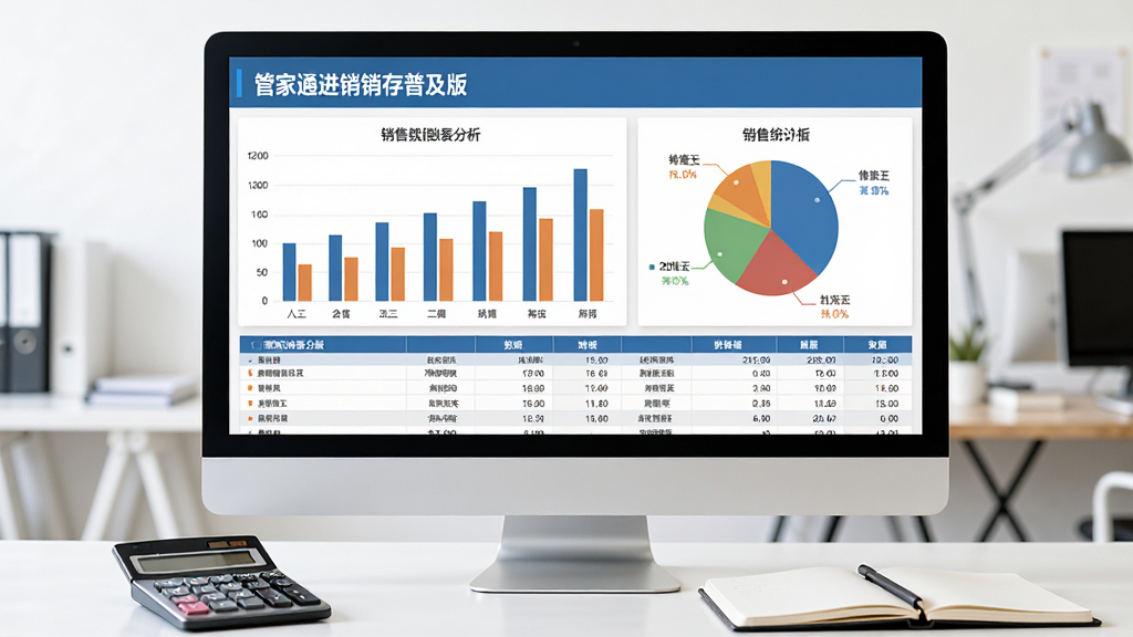 经营报表数据分析图,画面主体为电脑屏幕上展示“管家通进销存普及版”的销售统计图表,包含柱状图、饼图和数据表格,屏幕前有计算器和笔记本,布局为居中大屏展示,排版专业,风格为数据分析商务风,细节上图表颜色层次分明,画质高清,干净,无多余元素