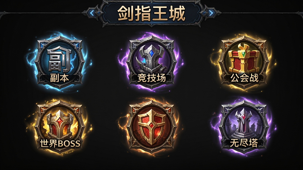 画面展示一个游戏玩法选择界面,包含多个图标按钮分别代表副本、竞技场、公会战、世界BOSS、无尽塔,界面风格为暗黑魔幻游戏UI,按钮有金属质感与魔法光效,细节丰富,画质高清,画面干净,无多余元素,图片中文字“剑指王城”