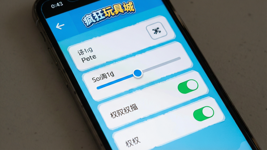主体是手机屏幕显示疯狂玩具城的游戏设置界面,布局为竖向排列的选项列表,排版为清晰的功能分区,风格为简洁扁平化UI,细节包括画质调节滑块和权限开关图标,画质高清,干净无多余元素,画面中带有“疯狂玩具城”字样